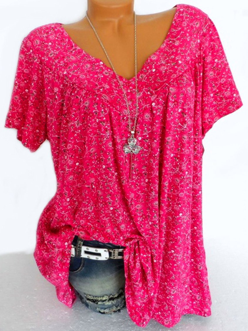 Women's Casual V Neck Floral Short Sleeve Top AT10077