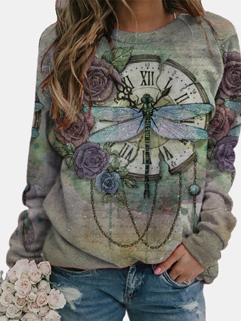 Dragonfly Floral Print Long Sleeve Crew Neck Sweatershirt Women QAL20