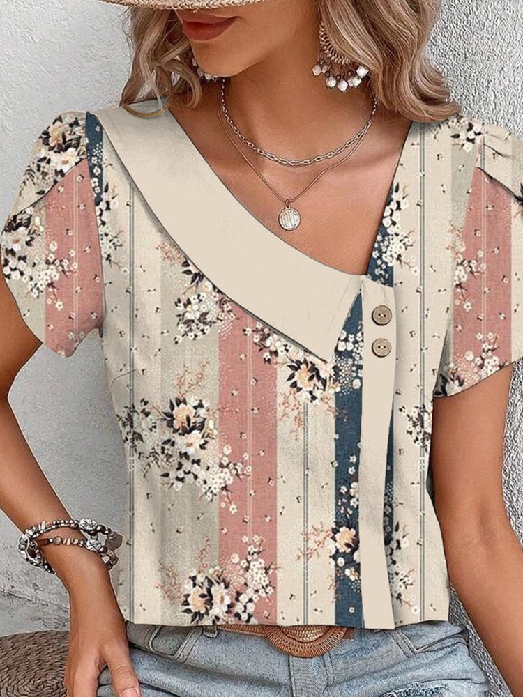 Loose Floral Asymmetrical Collar Casual Shirt  WZ102