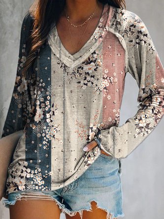 Women Casual Floral Autumn Daily Jersey Best Sell Long sleeve Regular H-Line Tunic T-Shirt AH133