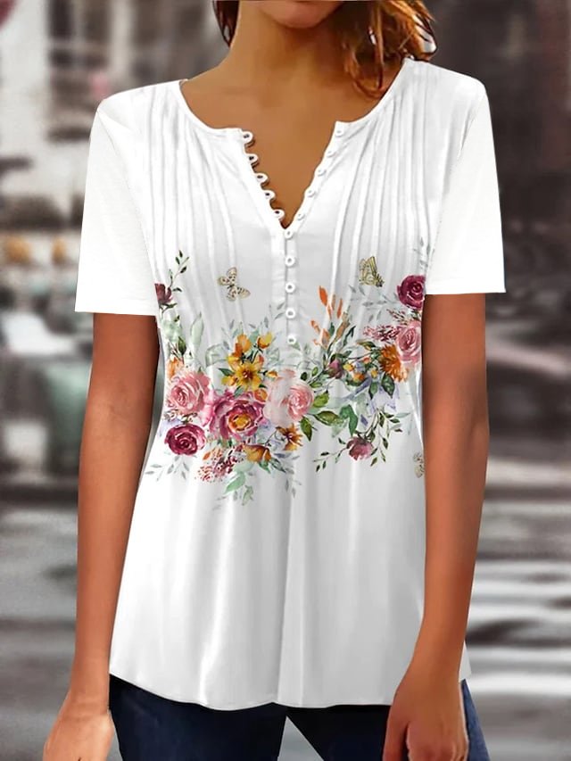 Frauen T-shirts V Neck Weiß Blumen Druck ap20