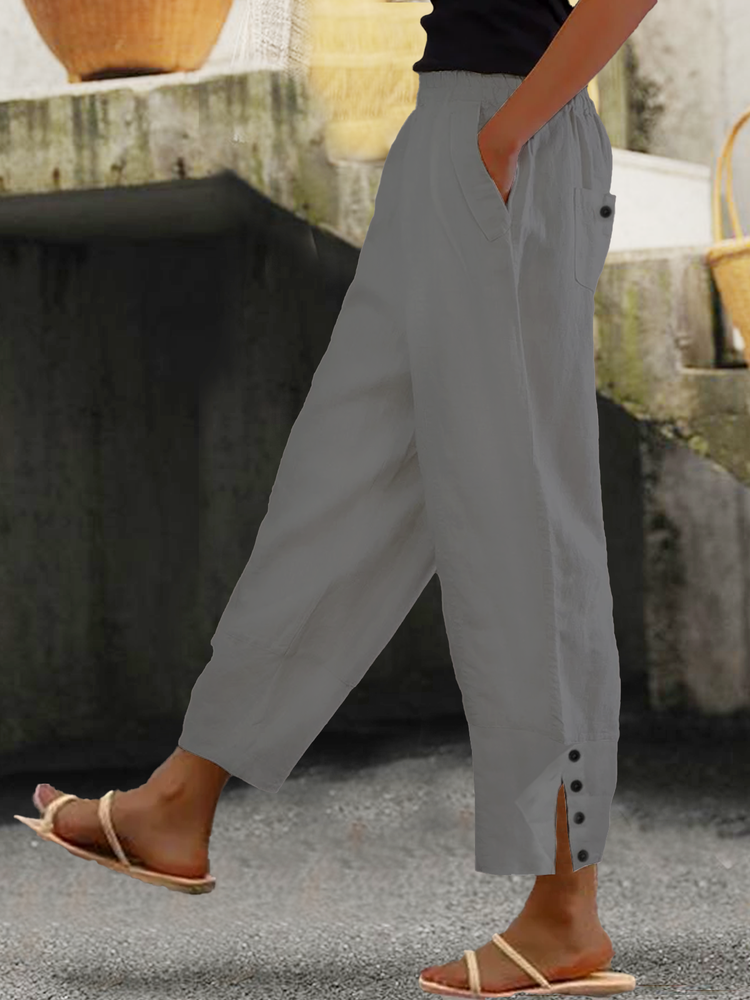 Loose Buttoned Cotton And Linen Linen Pants  QB111