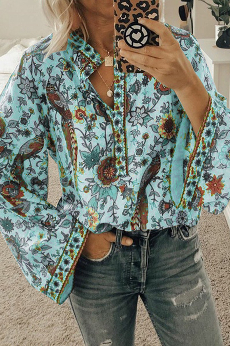 Street Print Patchwork Buttons Mandarin Collar Blouses FY7426 Ada Fashion