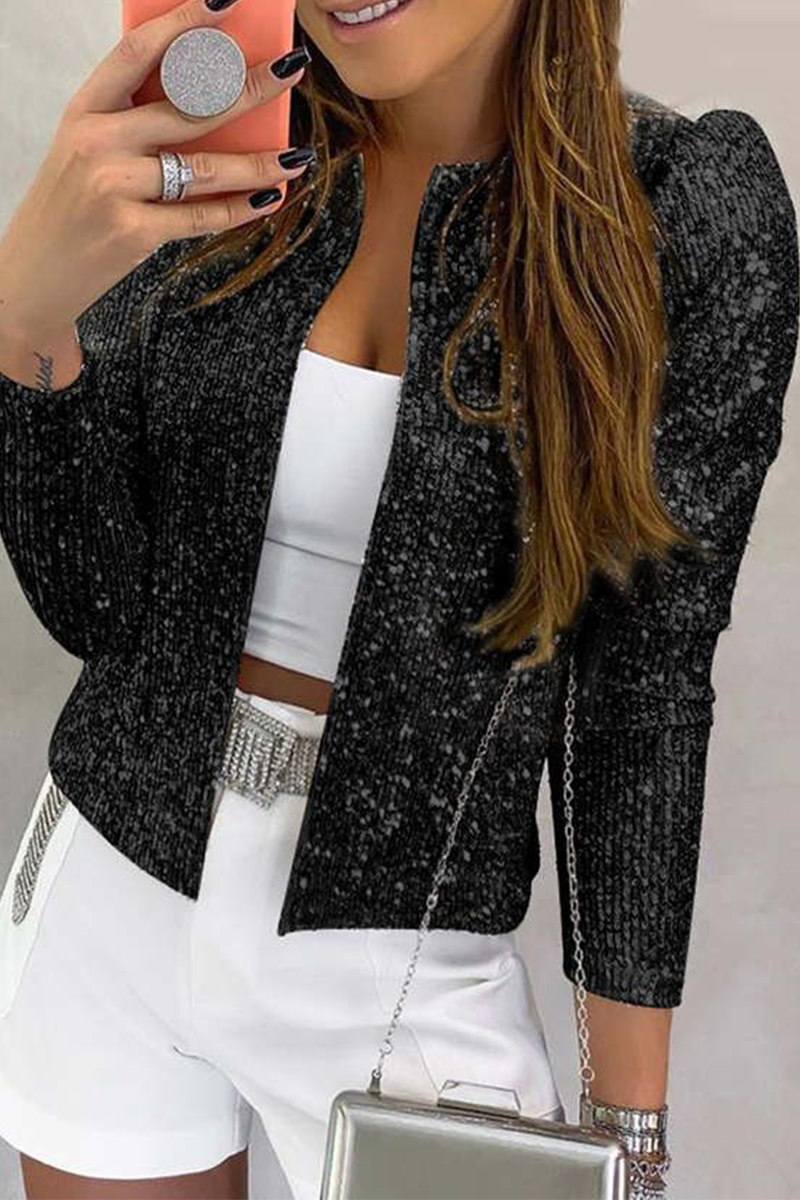 Fashion Solid Sequins Patchwork O Neck Outerwear(6 Colors) Ada Fashion