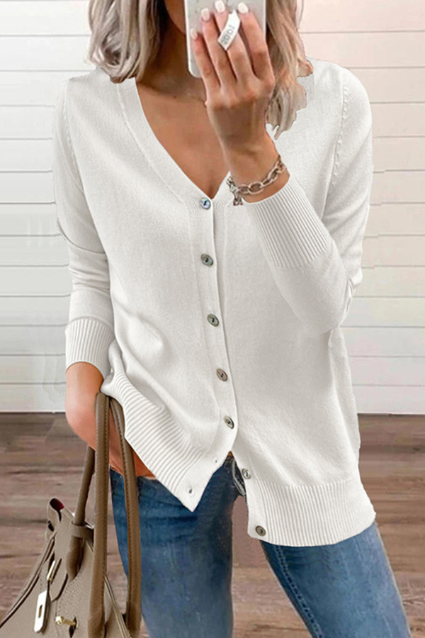 Casual Solid Patchwork Buckle V Neck Tops Sweater CE0129 Ada Fashion