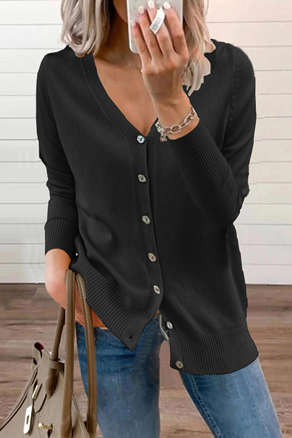 Casual Solid Patchwork Buckle V Neck Tops Sweater CE0129 Ada Fashion