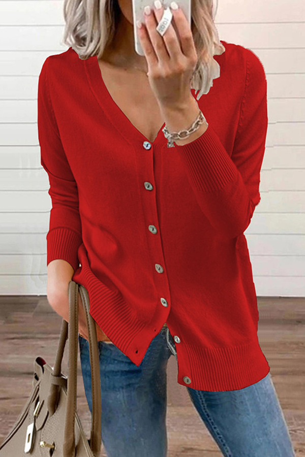 Casual Solid Patchwork Buckle V Neck Tops Sweater CE0129 Ada Fashion