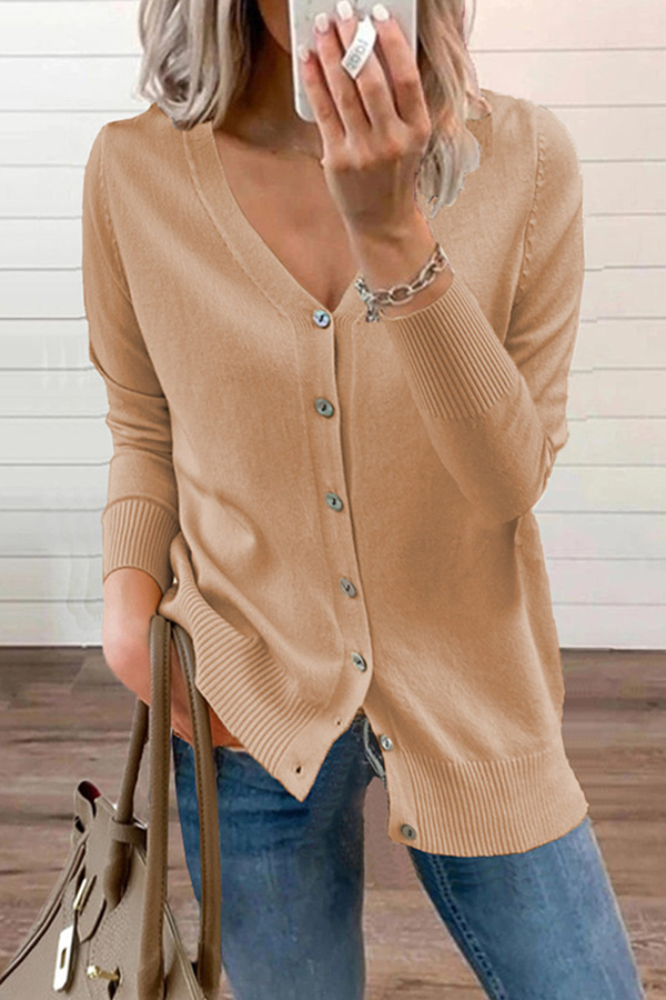 Casual Solid Patchwork Buckle V Neck Tops Sweater CE0129 Ada Fashion