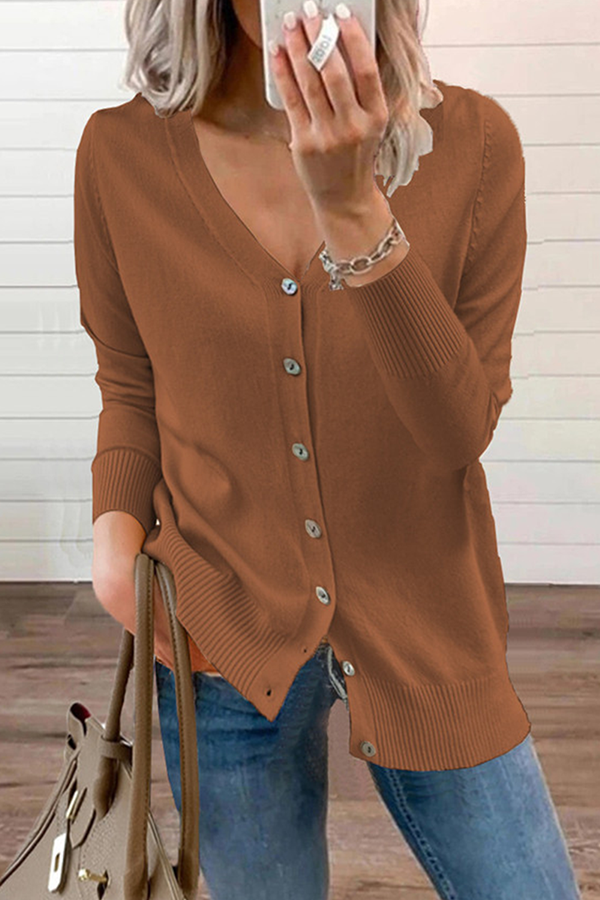 Casual Solid Patchwork Buckle V Neck Tops Sweater CE0129 Ada Fashion