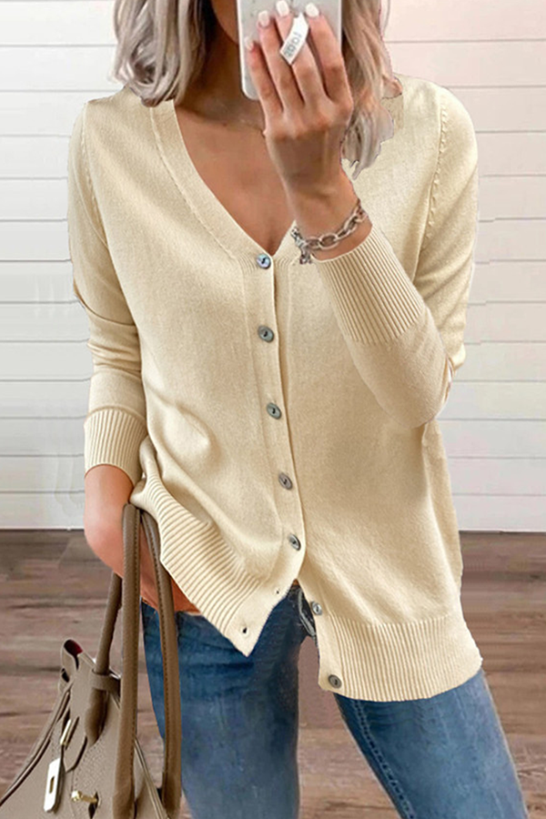 Casual Solid Patchwork Buckle V Neck Tops Sweater CE0129 Ada Fashion