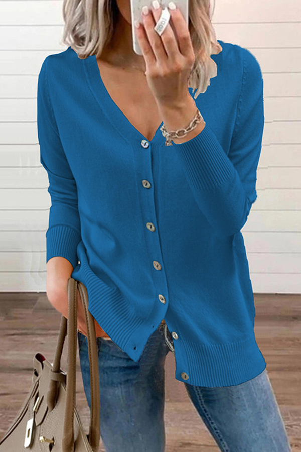 Casual Solid Patchwork Buckle V Neck Tops Sweater CE0129 Ada Fashion