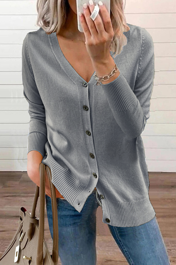 Casual Solid Patchwork Buckle V Neck Tops Sweater CE0129 Ada Fashion