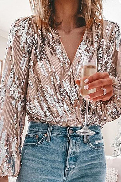 Elegant Patchwork Fold Sequins V Neck Blouses Ada Fashion