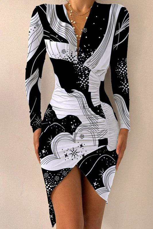 Sexy Print Patchwork Fold Asymmetrical V Neck Irregular Dress Dresses(8 Colors) Ada Fashion