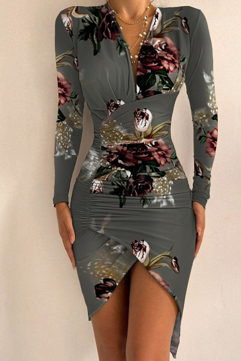 Sexy Print Patchwork Fold Asymmetrical V Neck Irregular Dress Dresses(8 Colors) Ada Fashion