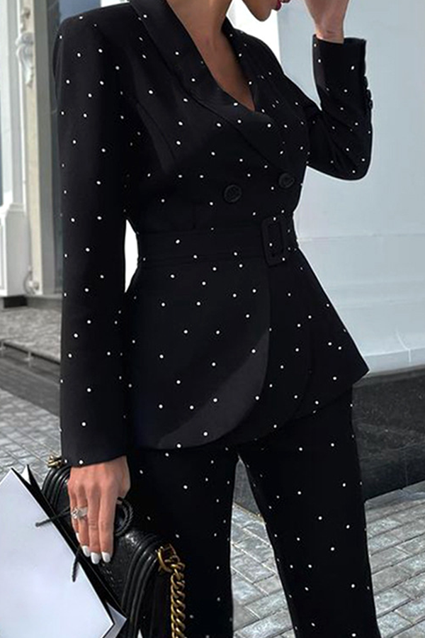 Elegant Polka Dot Buckle With Belt Turndown Collar Long Sleeve Two Pieces FY7421 Ada Fashion