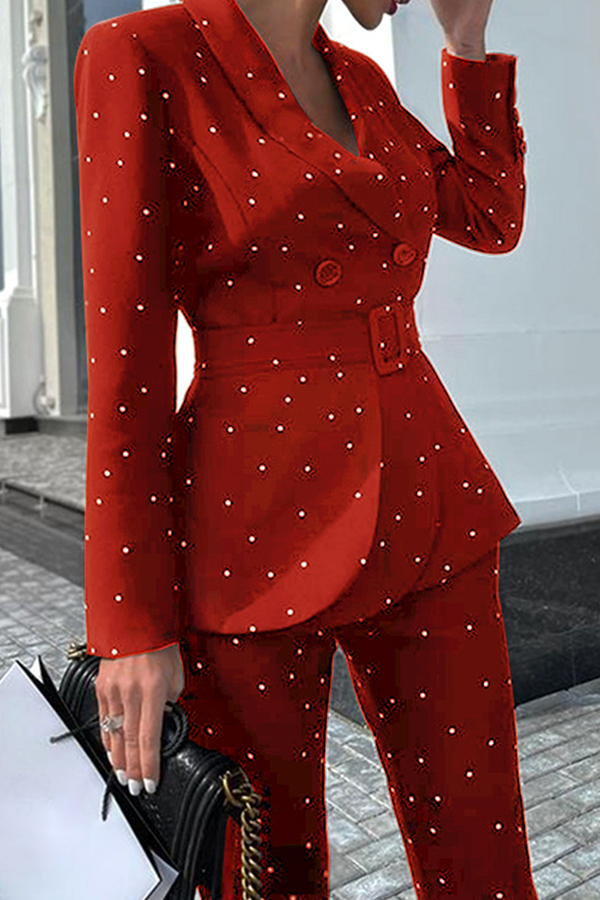 Elegant Polka Dot Buckle With Belt Turndown Collar Long Sleeve Two Pieces FY7421 Ada Fashion