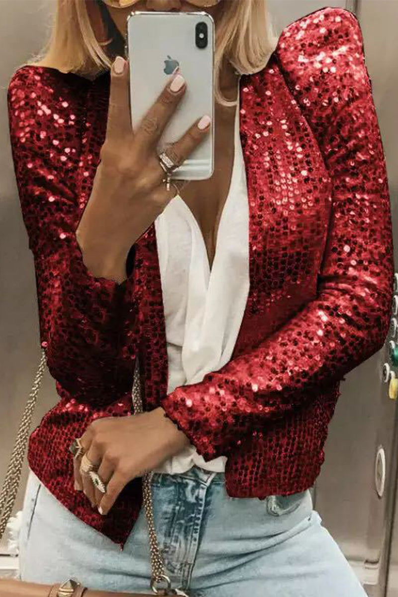 Fashion Solid Sequins Patchwork O Neck Outerwear(6 Colors) Ada Fashion