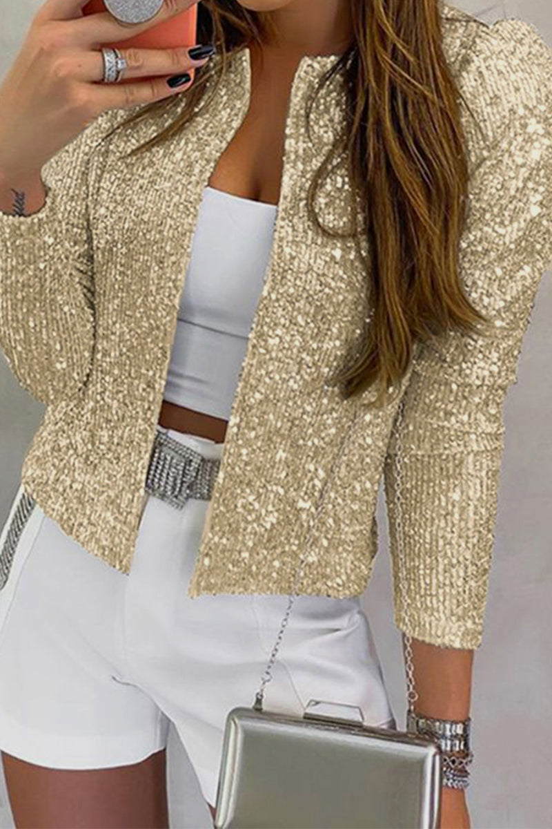 Fashion Solid Sequins Patchwork O Neck Outerwear(6 Colors) Ada Fashion