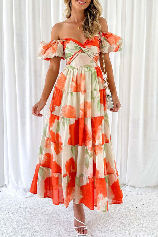 Sweet Elegant Floral Hollowed Out Off the Shoulder Printed Dress Dresses FS1580