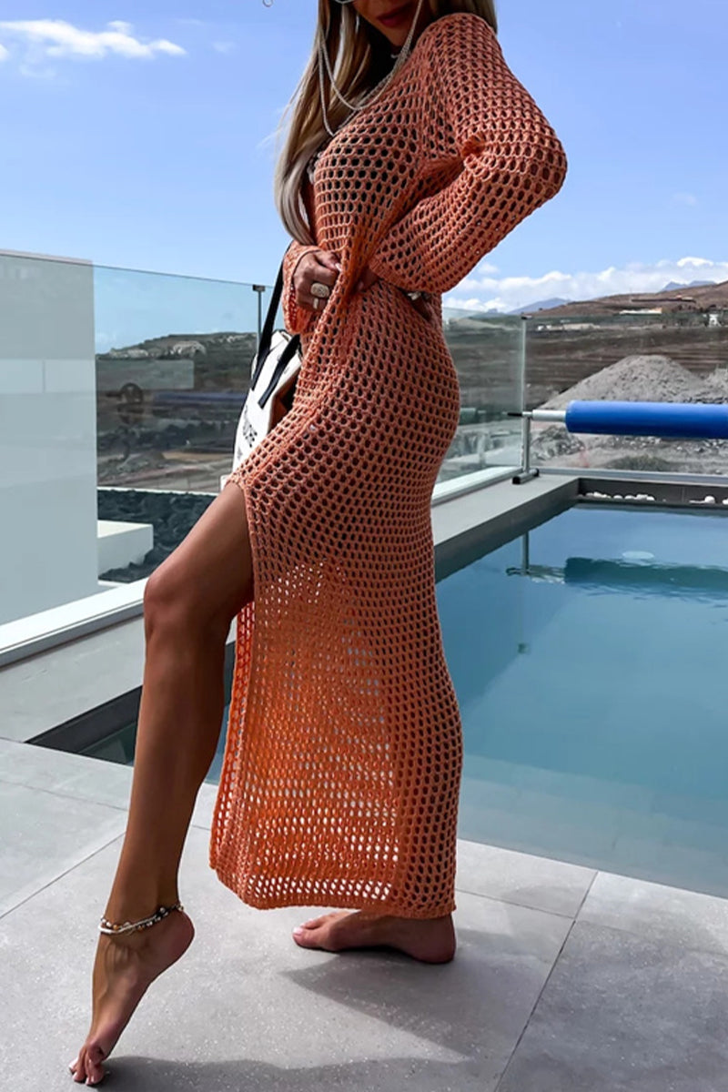 Sexy Vacation Solid Hollowed Out Slit Swimwears Cover Up Furdela