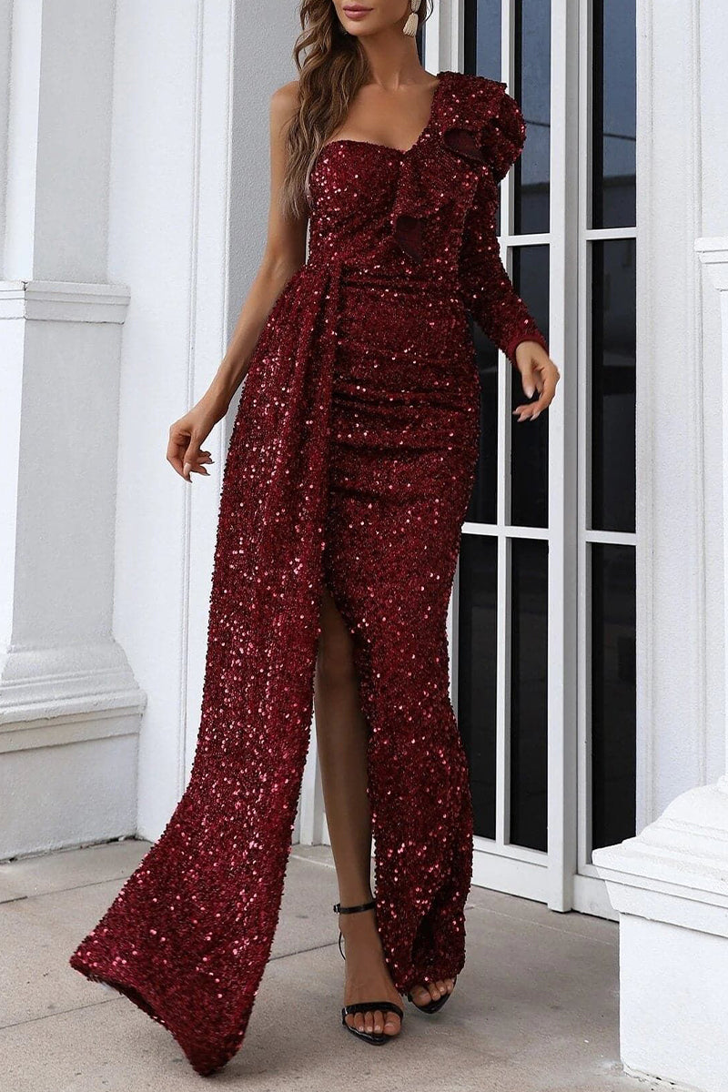 Elegant Formal Solid Sequins Slit Oblique Collar Evening Dress Dresses FS1592