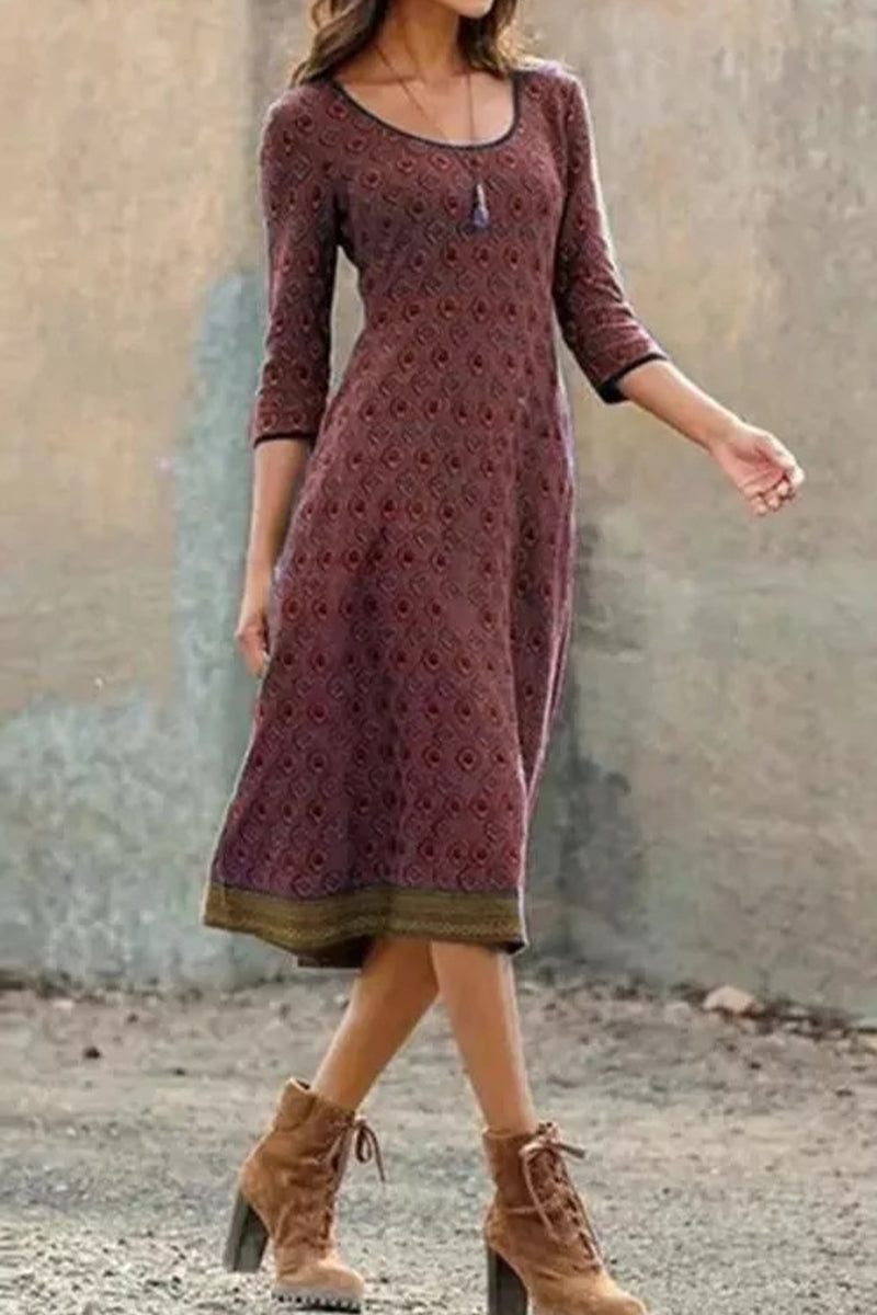 Casual Vintage Geometric Print O Neck A Line Dresses FS1593