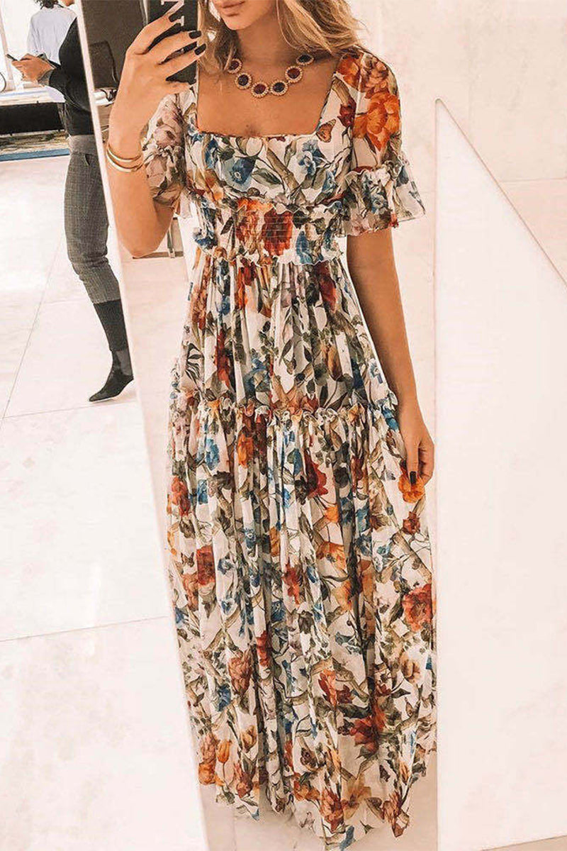 Elegant Floral Stringy Selvedge Square Collar Printed Dress Dresses AH278