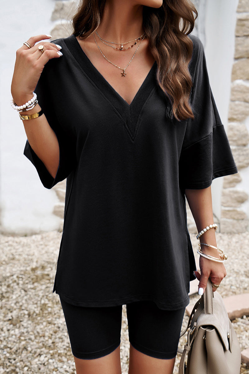 Casual Solid V Neck Half Sleeve Two Pieces FS1589