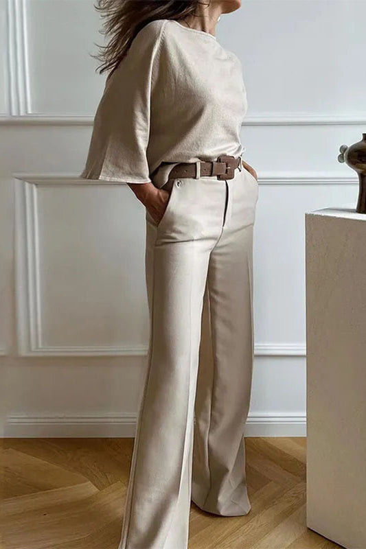 Casual Simplicity Solid O Neck Nine Points Sleeve Two Pieces(No Belt) FS1566