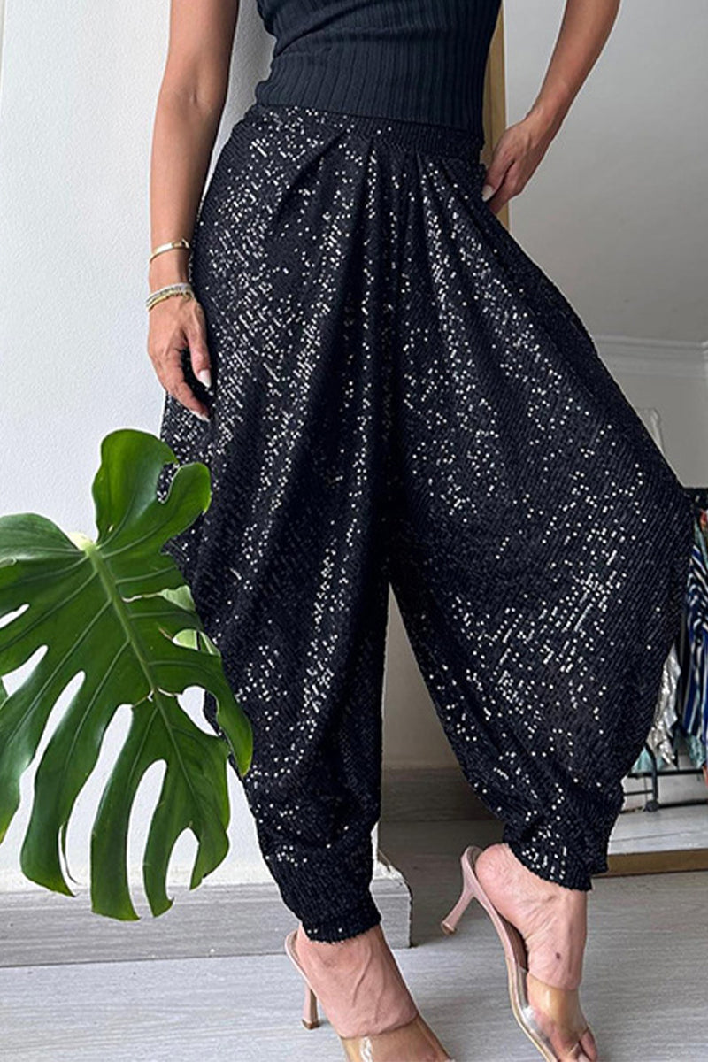 Casual Solid Sequins Sequined Loose High Waist Lantern Solid Color Bottoms Furdela