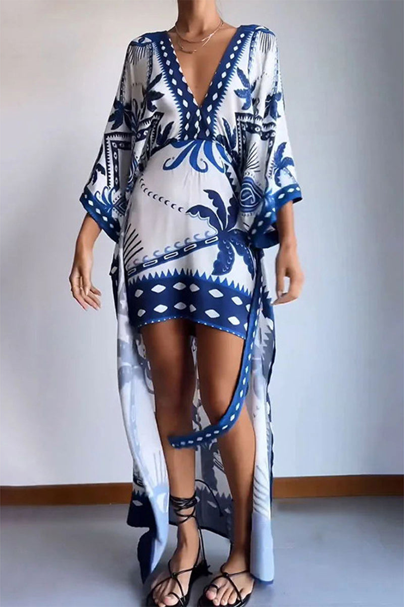 Vacation Floral Frenulum V Neck Printed Dress Dresses Furdela