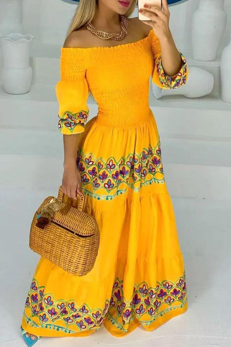 off shoulder geometric print dress Geometric Print Off Shoulder Midi Satin Dress