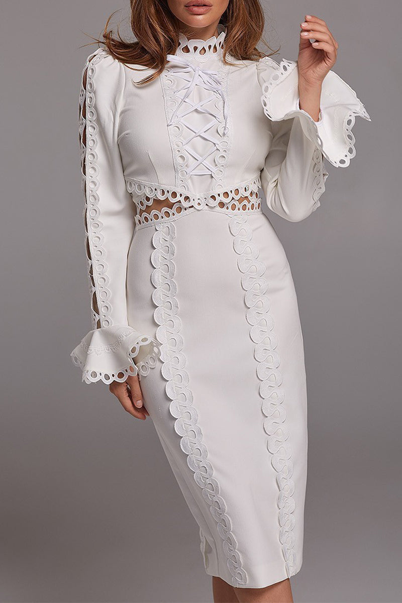 Celebrities Elegant Solid Lace Hollowed Out Turtleneck Princess Dresses Furdela