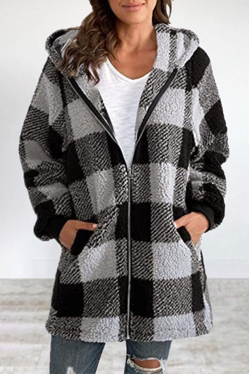 Casual Plaid Frenulum Contrast Zipper Hooded Collar Outerwear Furdela