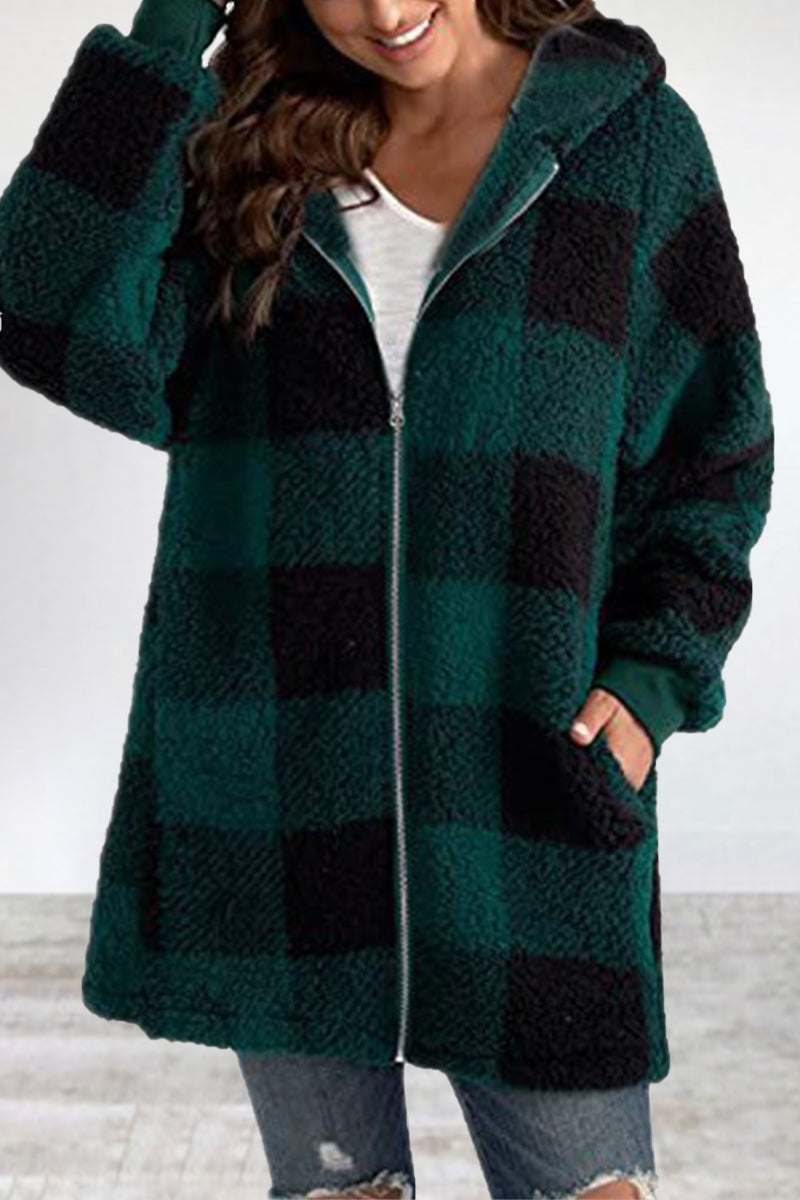 Casual Plaid Frenulum Contrast Zipper Hooded Collar Outerwear Furdela