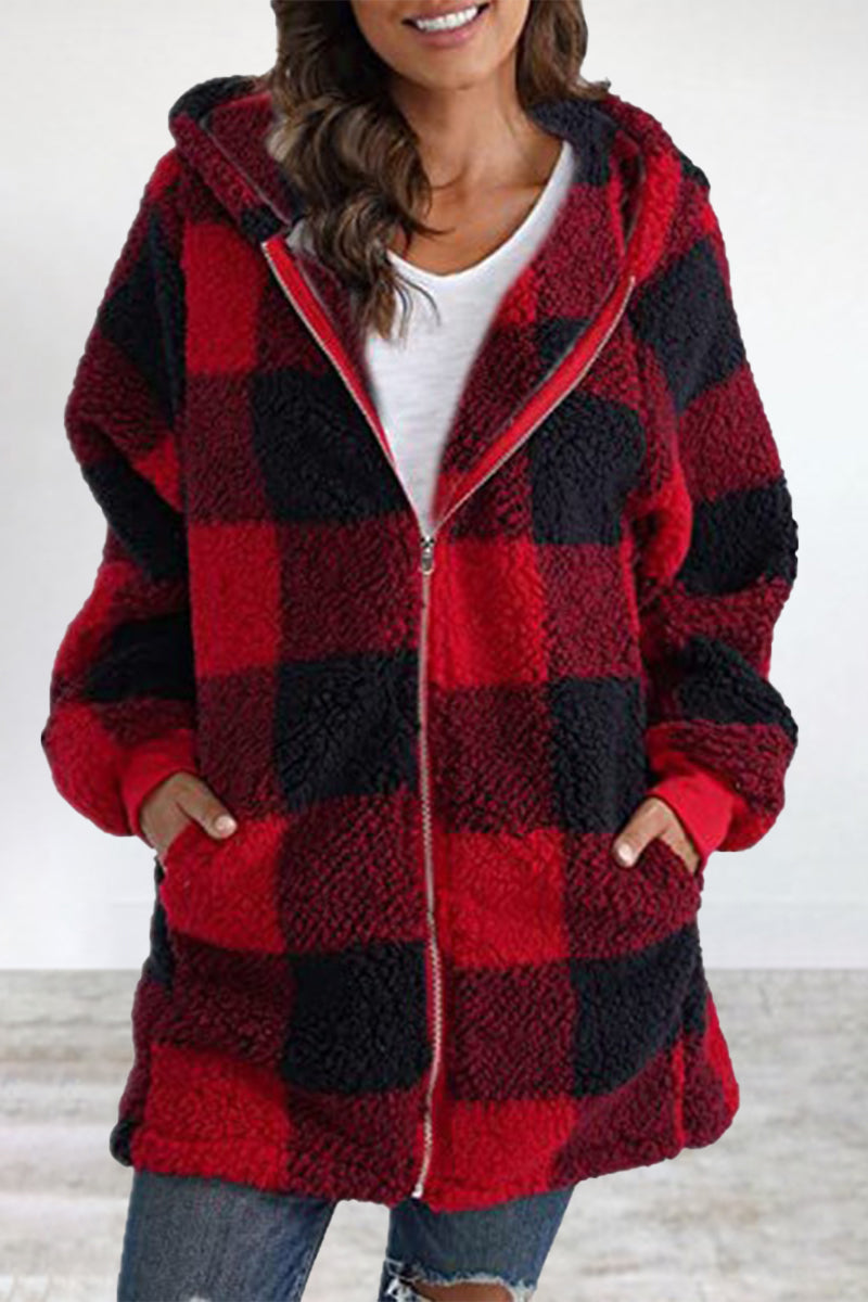 Casual Plaid Frenulum Contrast Zipper Hooded Collar Outerwear Furdela