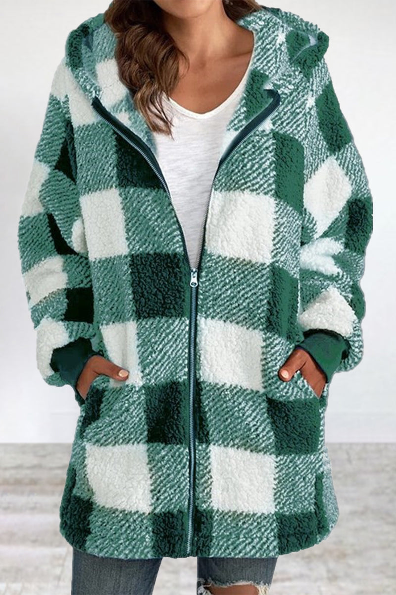 Casual Plaid Frenulum Contrast Zipper Hooded Collar Outerwear Furdela