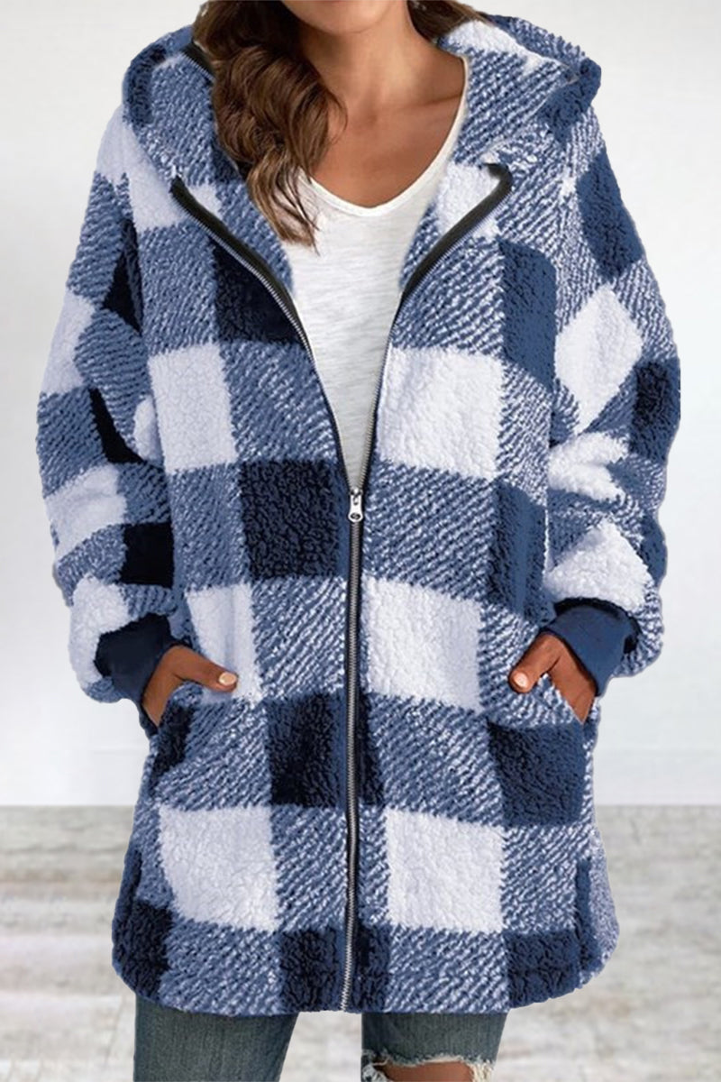 Casual Plaid Frenulum Contrast Zipper Hooded Collar Outerwear Furdela