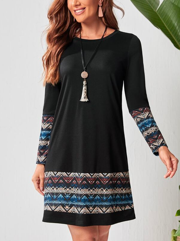 Boho Crew Neck Ethnic Loose Dress  WJ75