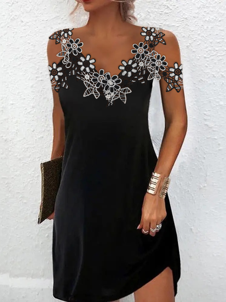 V Neck Lace Black  Party?Mini Prom Dress  QPQ71