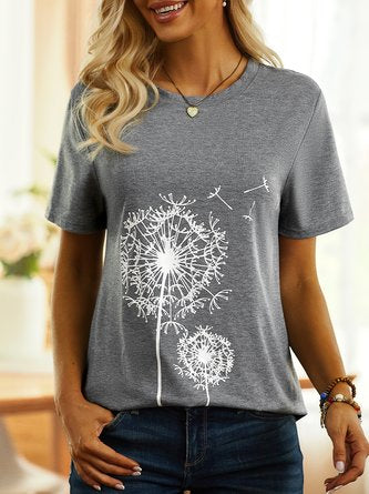 Dandelion Print Cotton-Blend Short Sleeve Casual T-Shirt QAW29