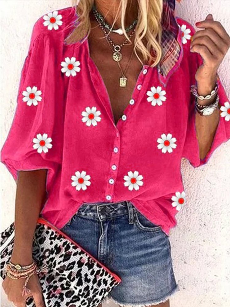 Casual Daisy Loose V neck Three Quarter Sleeve Blouse  WG64