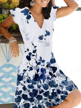 Floral Short Sleeve  Printed  Cotton-blend  V neck Vintage Summer Dress EE18