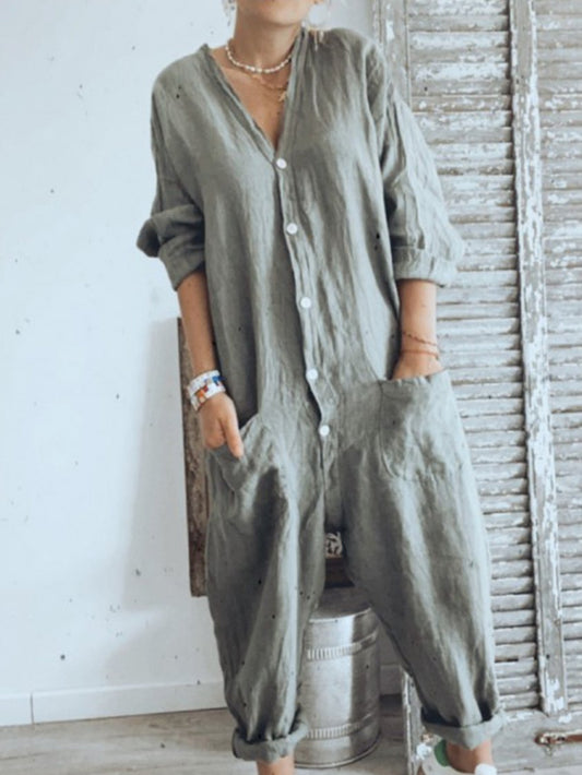 Light Gray 3/4 Sleeve Plain Casual Buttoned Jumpsuits FE1002