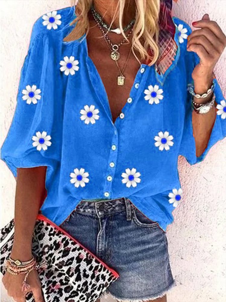 Casual Daisy Loose V neck Three Quarter Sleeve Blouse  WG64