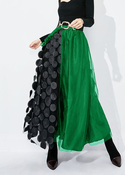 Jupe trapèze chic en tulle à pois noir et vert à volants et patchwork pour l'été LY0878