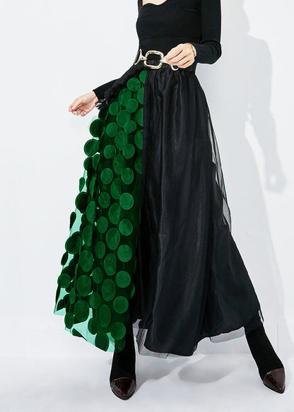 Jupe trapèze chic en tulle à pois noir et vert à volants et patchwork pour l'été LY0878