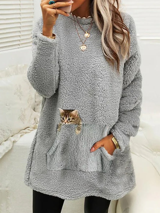 Plush Crew Neck Casual Cat Thermal Dress DK1037