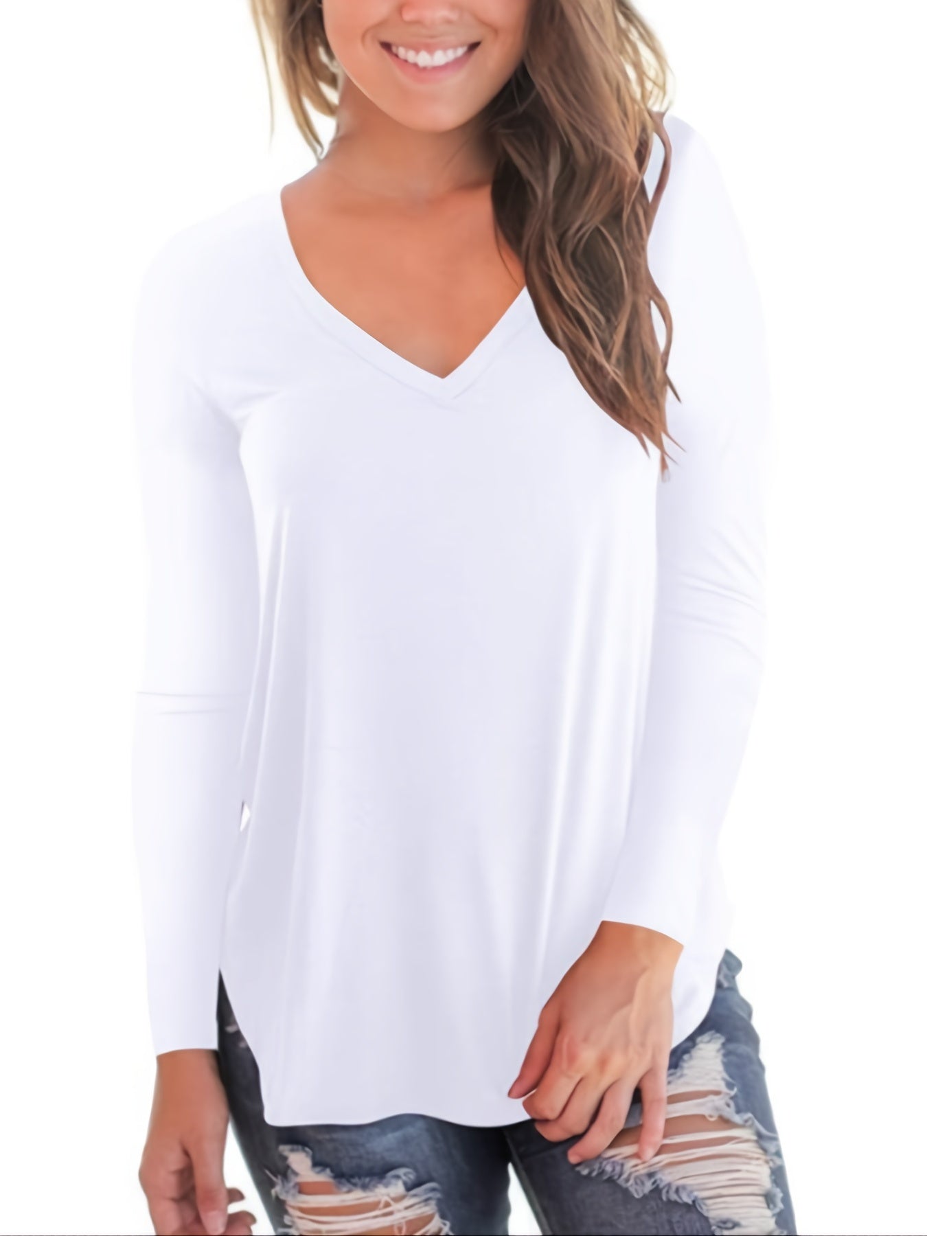 Basic Loose Solid T-Shirt, Casual Long Sleeve V-Neck T-Shirt, Casual Every Day Tops, Women's Clothin RA105